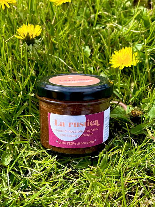 La rustica - Crema di nocciole intensa con cacao e granella (Vaso 100g)